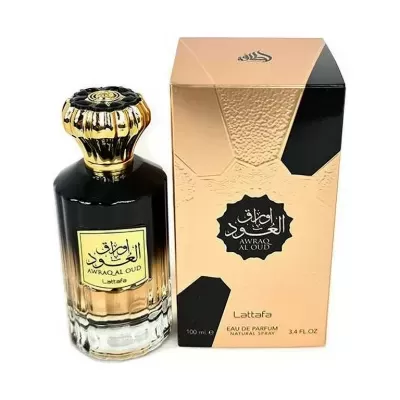 Frasco e caixa de perfume Awraq Al Oud Lattafa dourado e preto