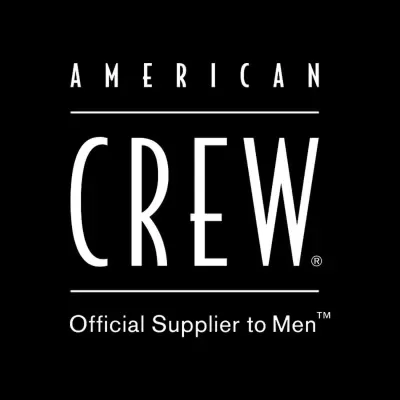 Logótipo American Crew com texto em branco sobre fundo preto.