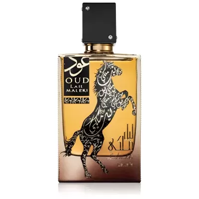 Frasco de perfume com cavalo desenhado e texto Oud Lal Maleki