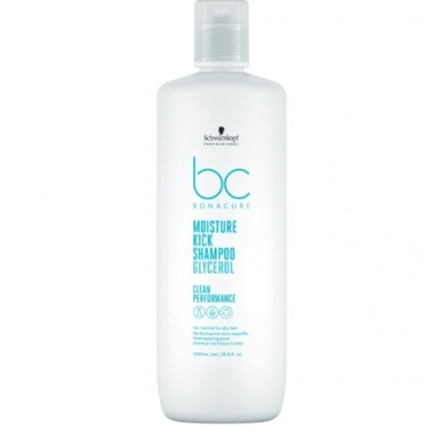Frasco branco de shampoo Schwarzkopf BC Bonacure Moisture Kick com tampa transparente