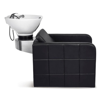 Cadeira de cabeleireiro preta em pele com lavatório branco