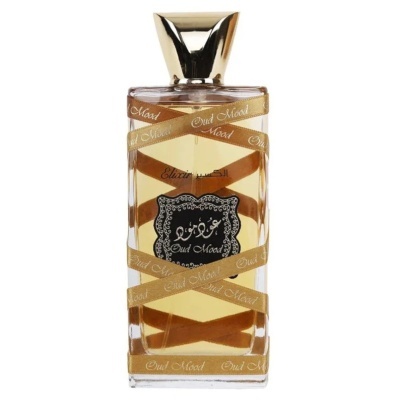 Frasco de perfume retangular com tampa dourada e rótulos dourados e pretos.