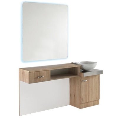 Móvel de casa de banho madeira clara e branca com cuba redonda e espelho iluminado