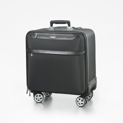 Mala de viagem preta com rodas dupla giratória e bolso frontal