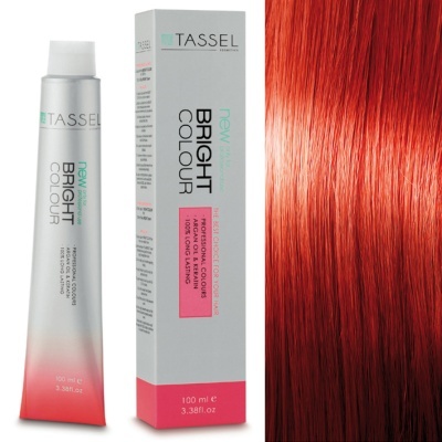 Tubo e caixa de tinta de cabelo Tassel Bright Colour com amostra de cabelo vermelho