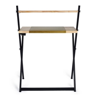 Secretária metálica preta com tampo de madeira e faixa dourada, barra superior de madeira