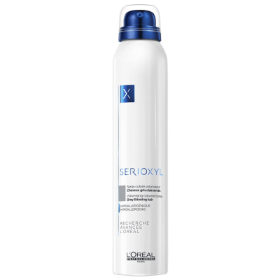 Frasco branco com tampa azul de spray volumizador de cabelo SERIOXYL da L'Oréal