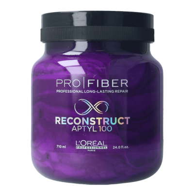 Frasco plástico roxo com tampa preta de PRO FIBER L'Oréal.