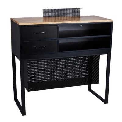 Móvel em metal preto com tampo em madeira clara, gavetas e prateleiras abertas