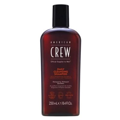 Frasco castanho escuro de champô American Crew Daily Cleansing Shampoo com tampa preta