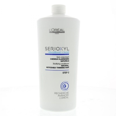 Frasco branco de plástico do condicionador L'Oréal Serioxyl GlucoBoost + Incell