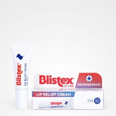 Tubo e embalagem de Blistex Lip Relief Cream branco e vermelho