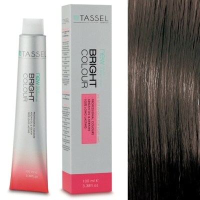 Tubo e caixa de tinta para cabelo TASSEL Bright Colour com amostra de cabelo castanho escuro