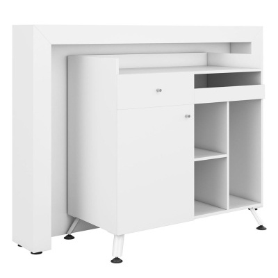 Móvel de armazenamento branco com divisórias, portas, gaveta e patas metálicas