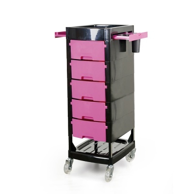 Carrinho organizador móvel preto e rosa com gavetas e rodas