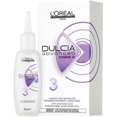 Produto capilar L'Oréal Dulcia Advanced Ionène G, embalagem branca com detalhes roxos e texto informativo.