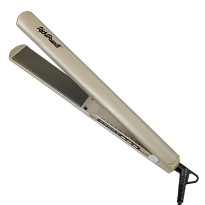 Prancha alisadora de cabelo bege com placas pretas e texto Rich Peak