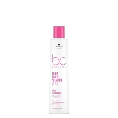 Frasco branco de champô BC Bonacure Color Freeze com tampa rosa