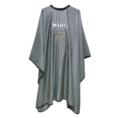 Capa de corte de cabelo cinzenta de riscas com logótipo WAHL e estrelas douradas.