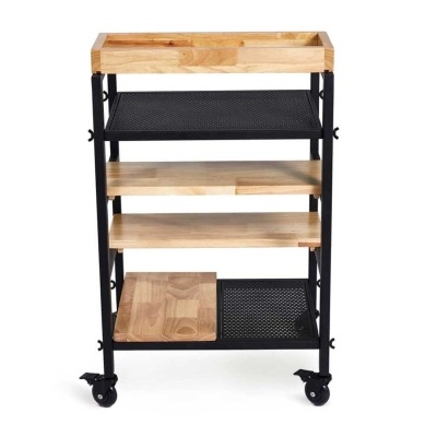Carrinho móvel com prateleiras de madeira e metal preto