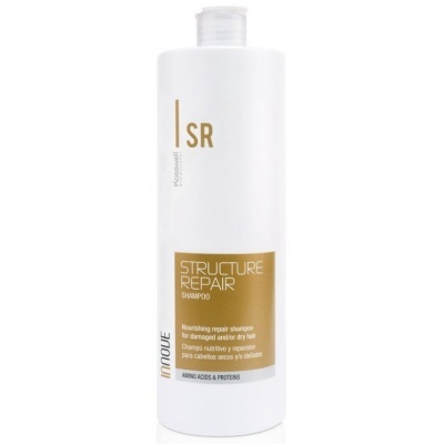 Frasco branco de champô Structure Repair com rótulo dourado e texto em inglês