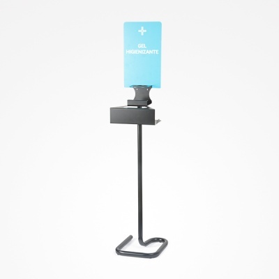 Suporte metálico para gel higienizante com painel azul e texto