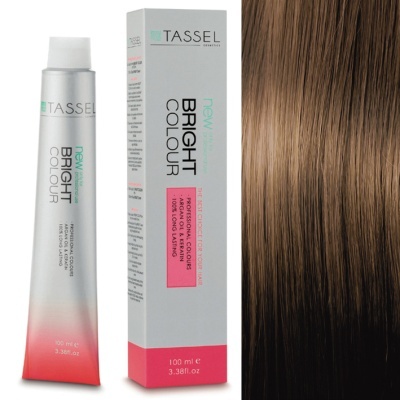 Tubo e caixa de coloração capilar Tassel Bright Colour e amostra de cabelo castanho