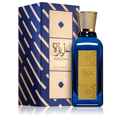 Frasco azul de perfume Azeezah com tampa dourada e caixa azul e bege com padrão geométrico