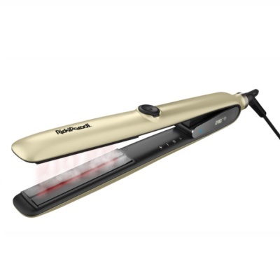 Prancha de cabelo dourada e preta com visor e cabo