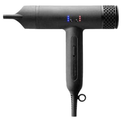 Secador de cabelo preto com luzes LED azuis e vermelhas