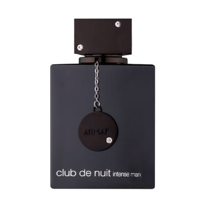 Frasco preto fosco de perfume Armaf Club de Nuit Intense Man com corrente e cristais