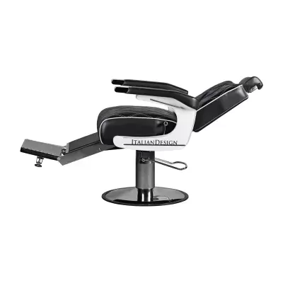 Cadeira reclinável de barbeiro em preto e branco com base circular metálica