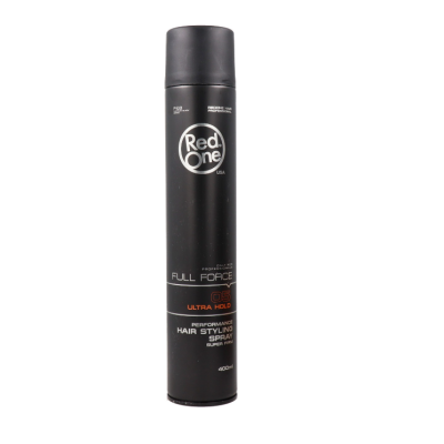 Spray de cabelo Red One preto com texto branco e laranja