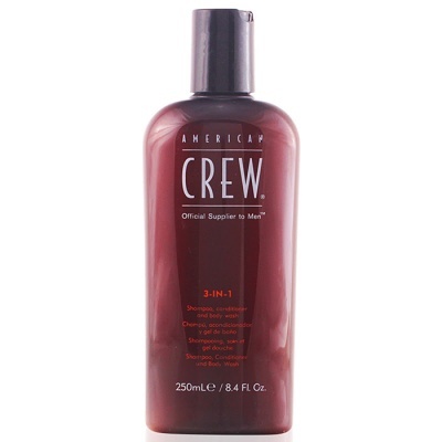 Garrafa castanha de American Crew 3-IN-1 shampoo, condicionador e gel de banho 250mL