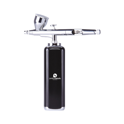 Aerógrafo portátil metálico com base preta e logo PERFECT BEAUTY