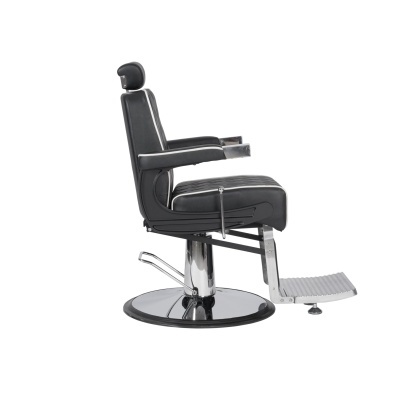 Cadeira de barbearia preta em couro com estrutura metálica cromada