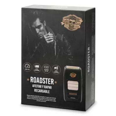 Embalagem preta de aparelho de barbear recarregável Roadster com imagem de homem e textos em português