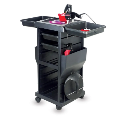 Carrinho de salão de beleza preto com várias prateleiras e rodízios