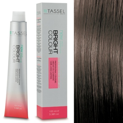 Tubo e caixa de tinta para cabelo TASSEL Bright Colour e cabelo castanho escuro com brilho