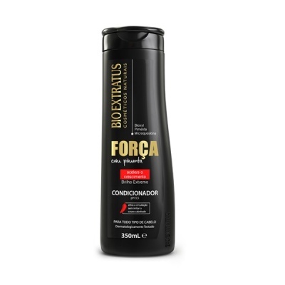 Frasco preto do condicionador Bio Extratus Força com texto colorido