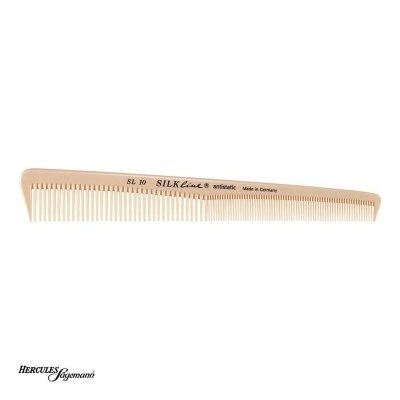 Pente plástico bege com texto preto e fundo branco