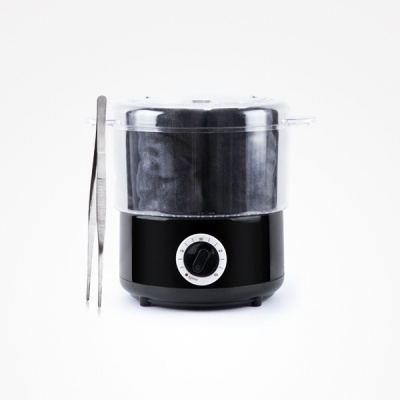 Vaporizador preto e transparente com botão de controlo e duas pinças metálicas