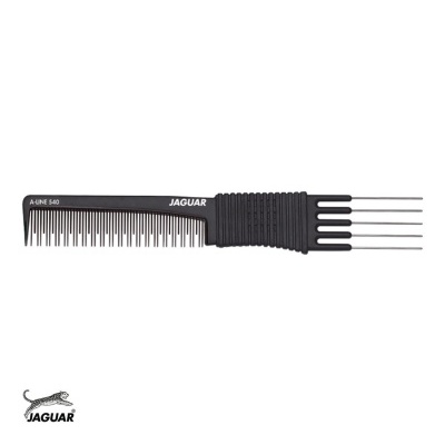 Pente preto JAGUAR com dentes finos e pinos metálicos em fundo branco