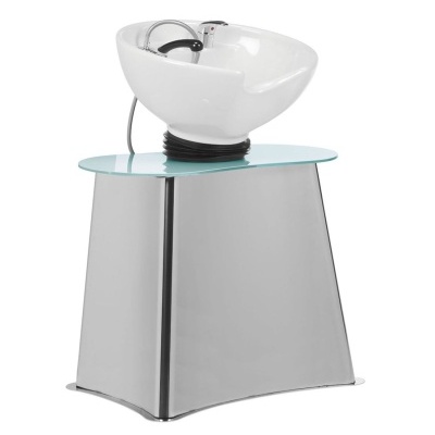 Lavatório de salão com cuba branca e base metálica