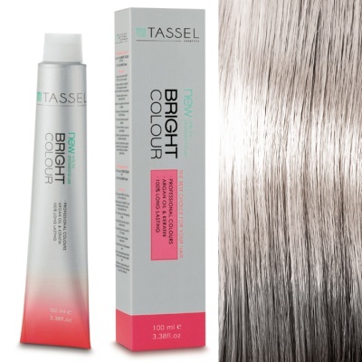 Tubo e caixa de tinta de cabelo TASSEl new BRIGHT COLOUR e amostra de cabelo cinza prateado