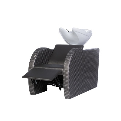 Cadeira de lavatório preta com lavatório branco para cabeleireiro