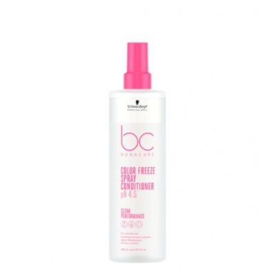 Spray condicionador para cabelo Schwarzkopf BC Bonacure Color Freeze em embalagem branca com tampa rosa