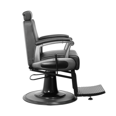 Cadeira de barbeiro preta em pele com base metálica e apoio de pés