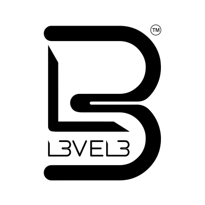 Logotipo preto estilizado letra B com texto L3VEL3 e símbolo de marca registrada