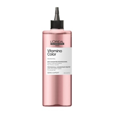Frasco rosa metálico do produto L'Oréal Vitamino Color com tampa preta e aplicador